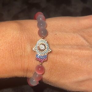 Elegant Pink and Blue Beaded Bracelet with Hamsa Charm
